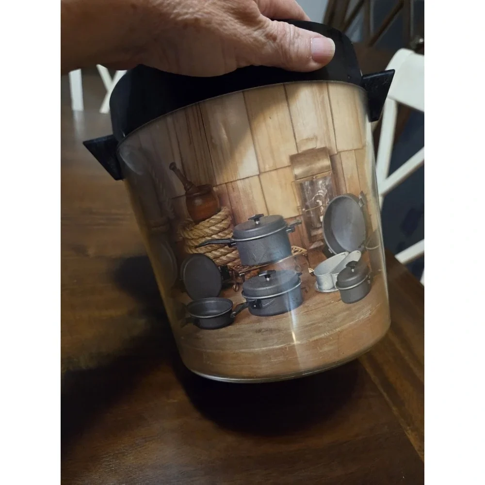 vintage West Bend Thermo-Serv ice bucket features a rustic sportsman design, Bar